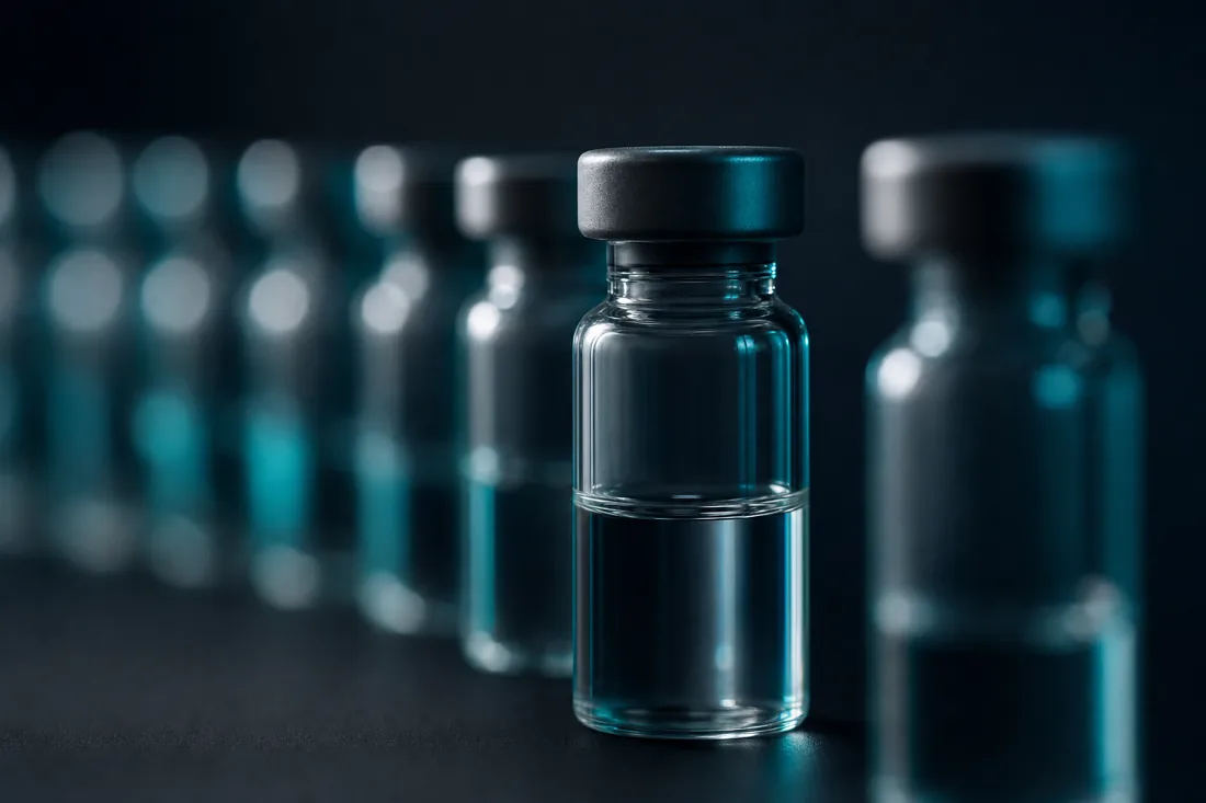 Macro photograph of clear research vials on a dark surface