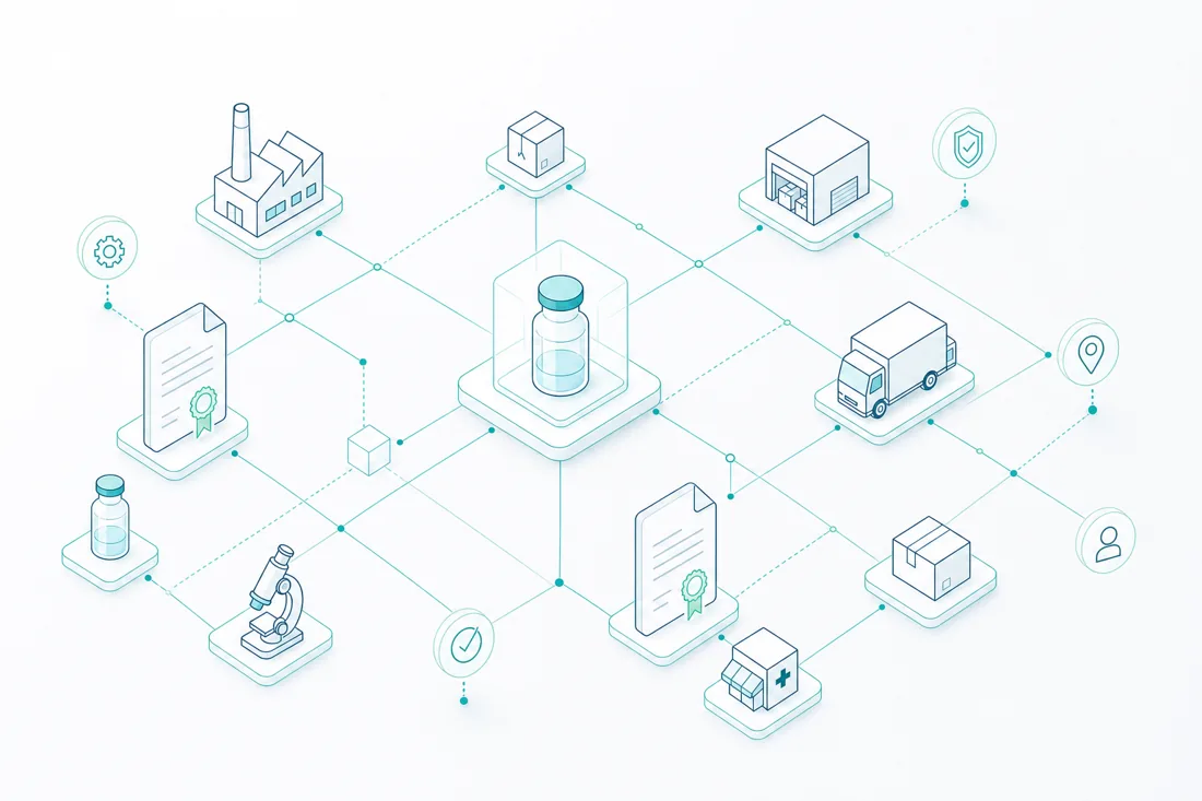 Isometric line diagram of a documentation and supply traceability workflow